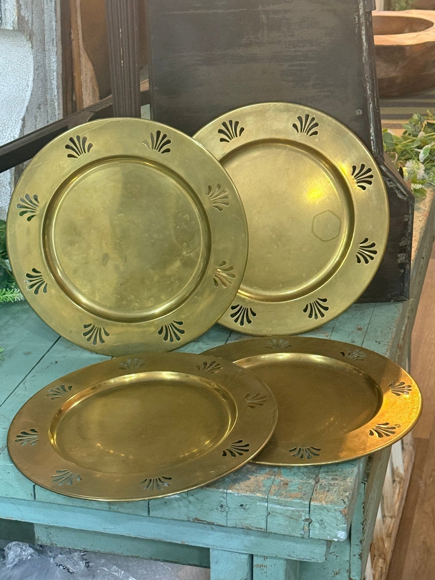 Set of 4 Vintage Brass Charger Plates with Palmette Cutouts 
