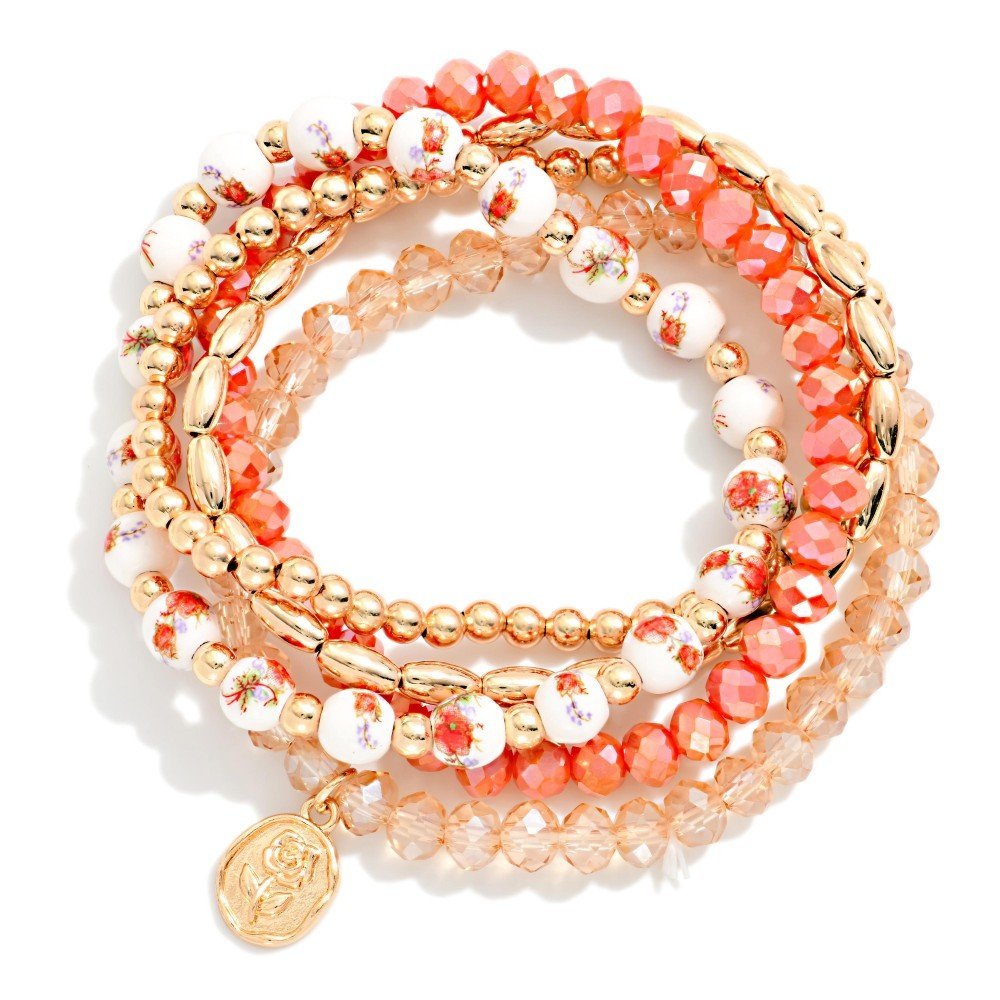 Set Of Five Beaded Bracelets Featuring Metal Tones, Faceted Beads, & Chinoiserie Beads 