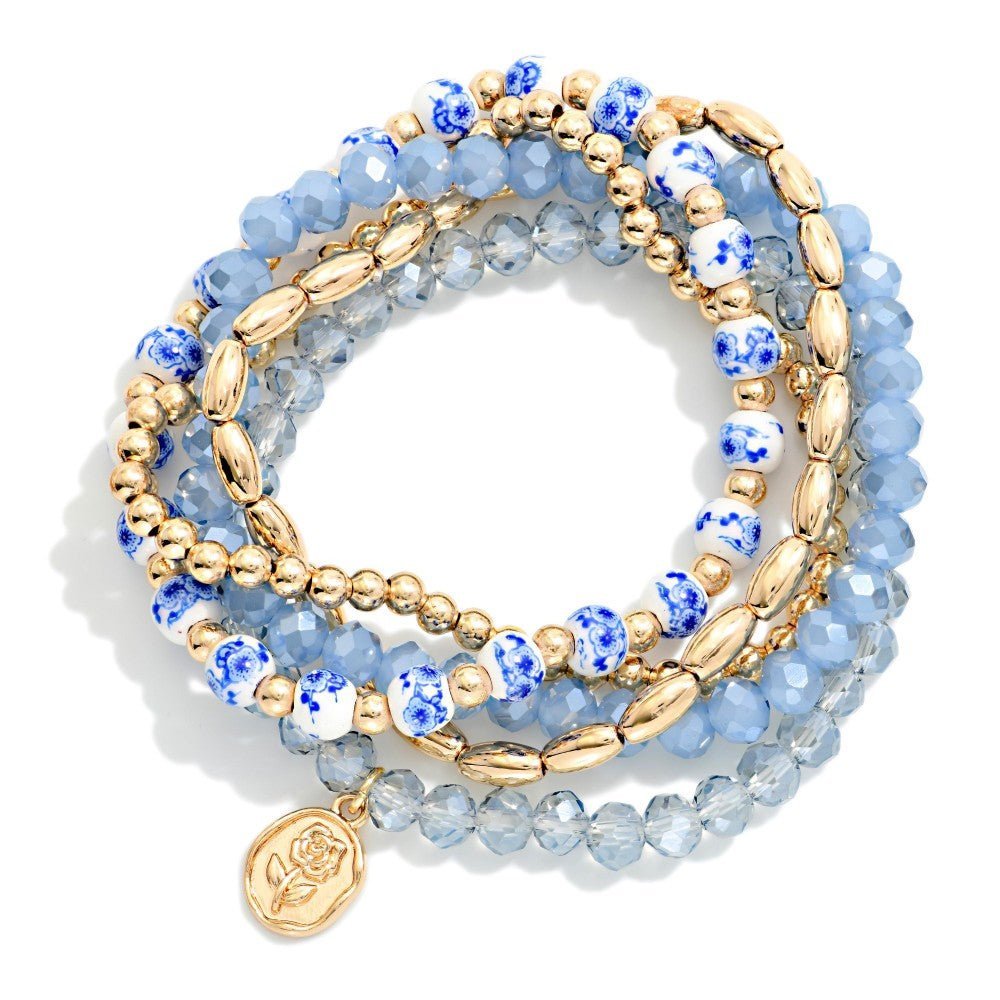 Set Of Five Beaded Bracelets Featuring Metal Tones, Faceted Beads, & Chinoiserie Beads 