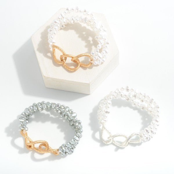 Set of Three Beaded Stretch Bracelet Featuring Pearl And Chain Link Accents - The Mustard Seed Collection, The Seed