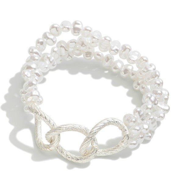 Set of Three Beaded Stretch Bracelet Featuring Pearl And Chain Link Accents - The Mustard Seed Collection, The Seed