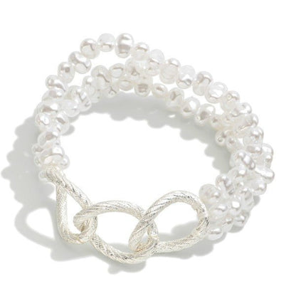 Set of Three Beaded Stretch Bracelet Featuring Pearl And Chain Link Accents - The Mustard Seed Collection, The Seed