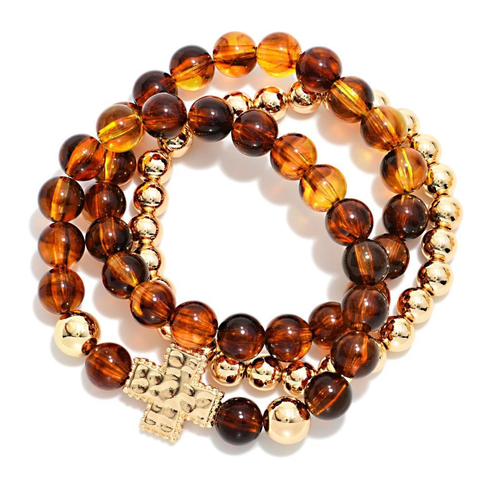 Set Of Three Beaded Stretch Bracelets Featuring Acetate Tortoise Beads, Metal Tones, & Plus Cross Station 