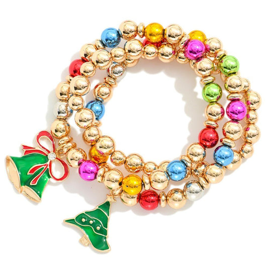 Set Of Three Metal Tone Beaded Bracelets Featuring Colorful Metallic Beads & Enamel Christmas Bell Charms - The Mustard Seed Collection, The Seed