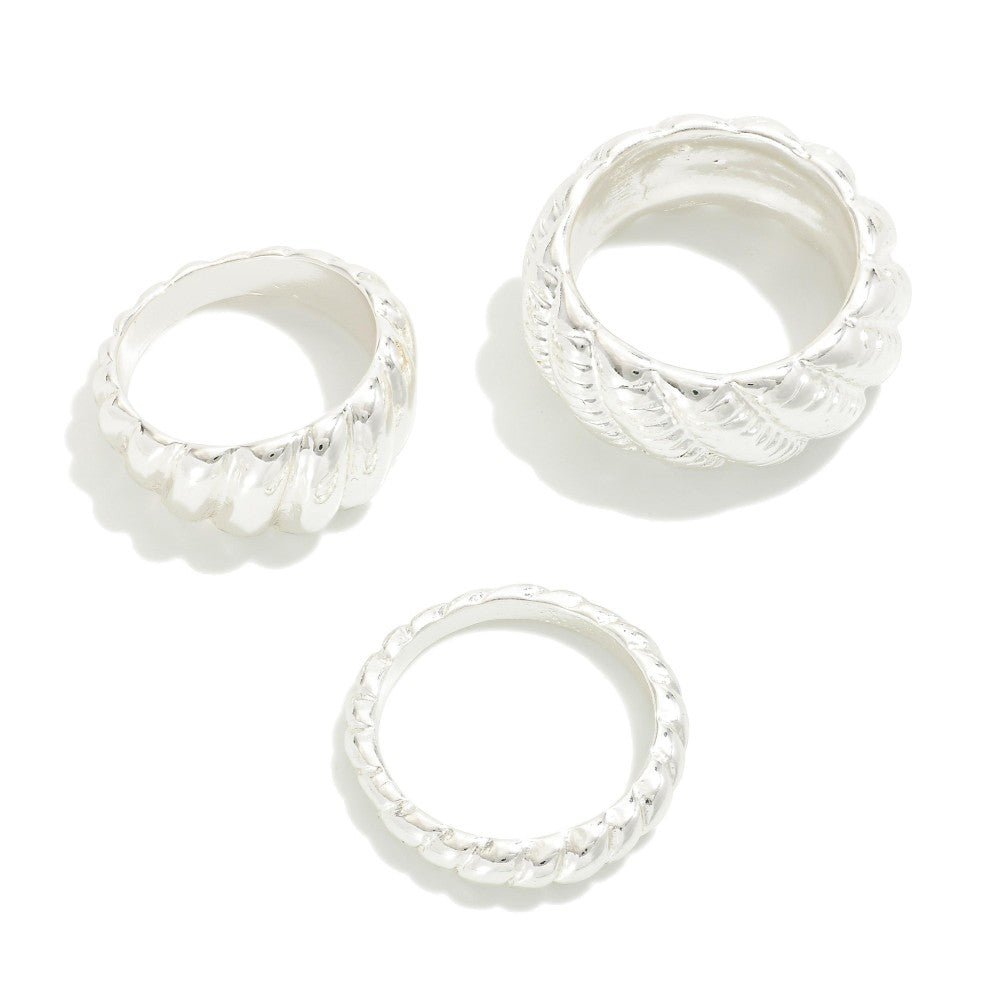 Set Of Three Twisted Metal Rings - Size 9 Silver