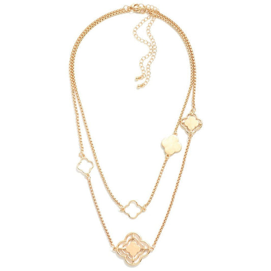 Set Of Two Metal Tone Box Chain Necklaces Featuring Metal Clover Stations 