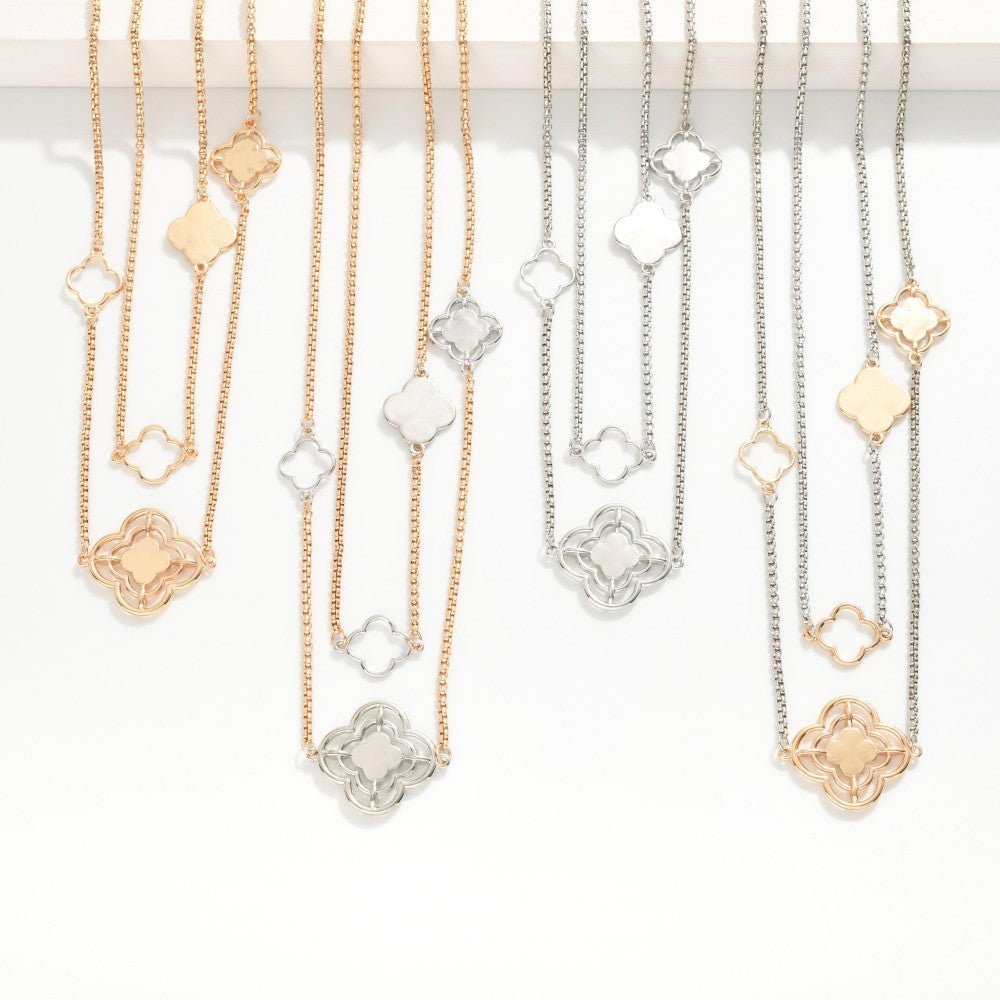 Set Of Two Metal Tone Box Chain Necklaces Featuring Metal Clover Stations 