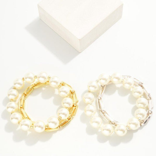 Set of Two Pearl Beaded and Chain Link Stretch Bracelets - The Mustard Seed Collection, The Seed