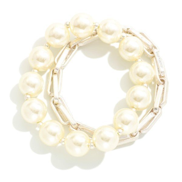 Set of Two Pearl Beaded and Chain Link Stretch Bracelets - The Mustard Seed Collection, The Seed