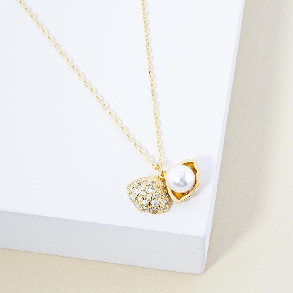 Shell Pendant With Pearl Accent Dainty Chain Link Necklace