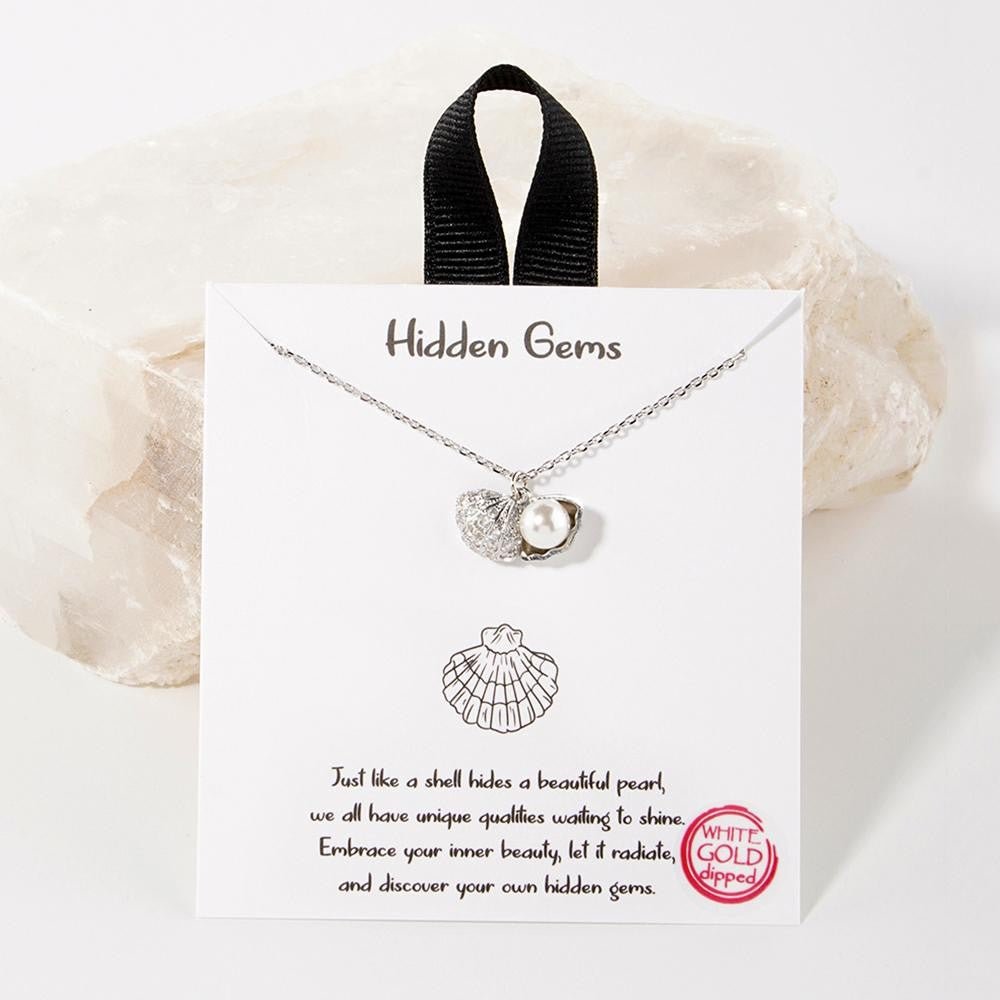 Shell Pendant With Pearl Accent Dainty Chain Link Necklace Silver