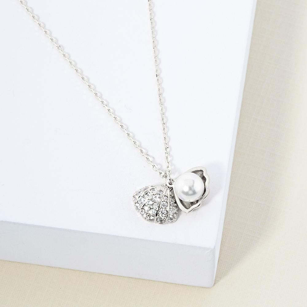 Shell Pendant With Pearl Accent Dainty Chain Link Necklace Silver