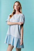 Short Sleeve Oversized Tunic Dress Featuring Plaid Skirt and Lace Trim - The Mustard Seed Collection, The Seed