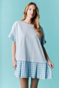 Short Sleeve Oversized Tunic Dress Featuring Plaid Skirt and Lace Trim - The Mustard Seed Collection, The Seed