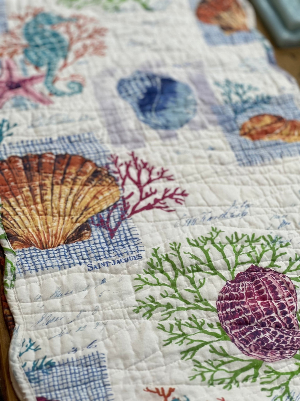 Sigrid Olsen Home Coastal Quilted Table Runner – "Saint-Jacques" Sea Life Pattern (14" x 72") - The Mustard Seed Collection, The Seed