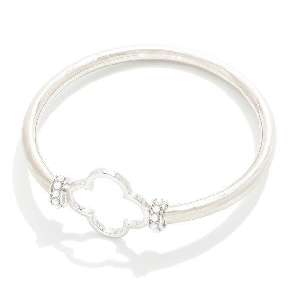 Silver Metal Tone Bangle Bracelet Featuring Hollow Clover With Pearl Detail - The Mustard Seed Collection, The Seed