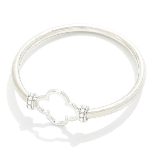 Silver Metal Tone Bangle Bracelet Featuring Hollow Clover With Pearl Detail - The Mustard Seed Collection, The Seed