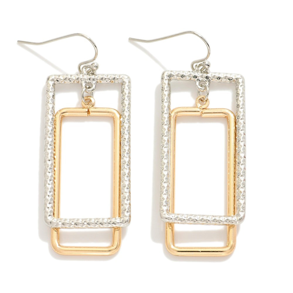 Textured Metal Nesting Rectangles Drop Earrings Silver Gold