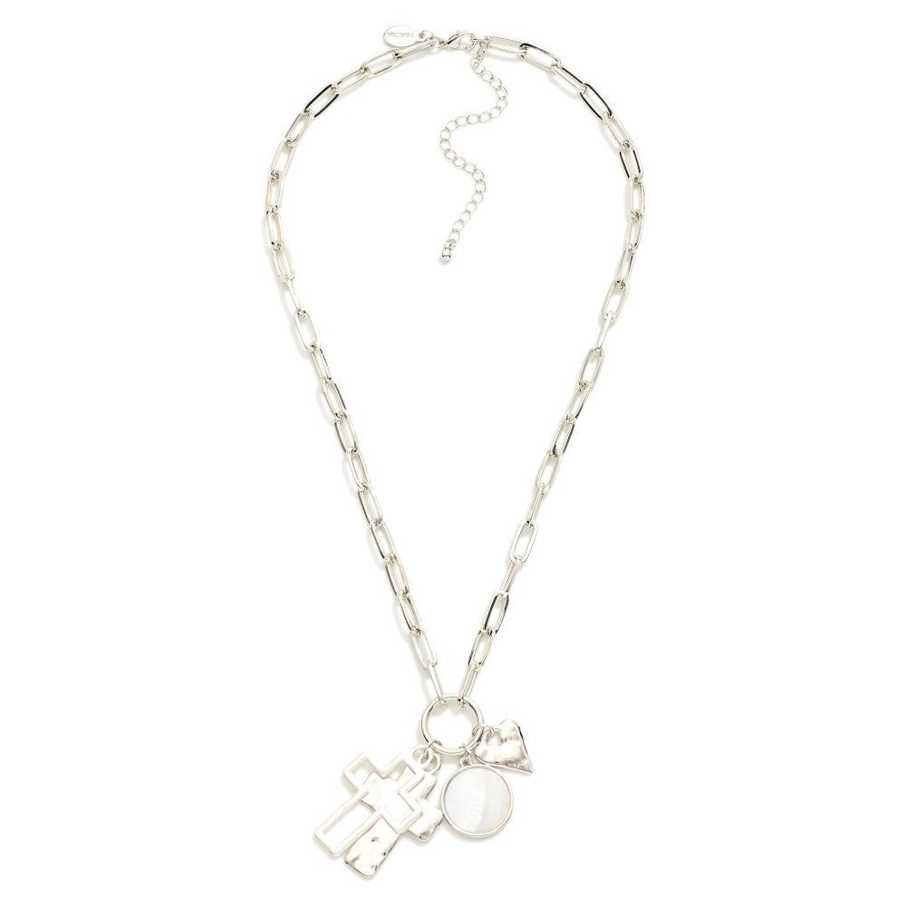Metal Paperclip Chain Link Necklace Featuring Cross, Heart and Pearlescent Circle Pendants Silver