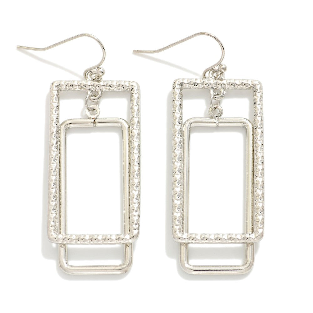 Textured Metal Nesting Rectangles Drop Earrings Silver