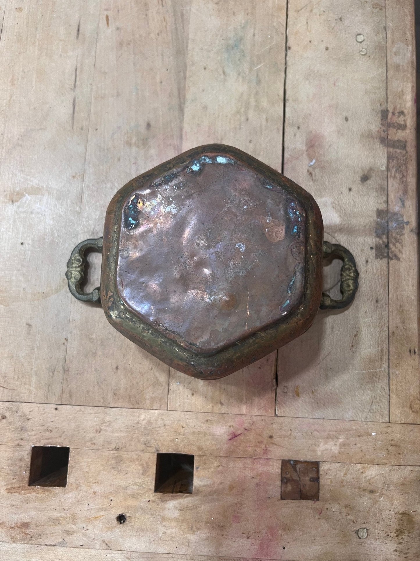 Small Copper Hexagonal Bowl with Handles 