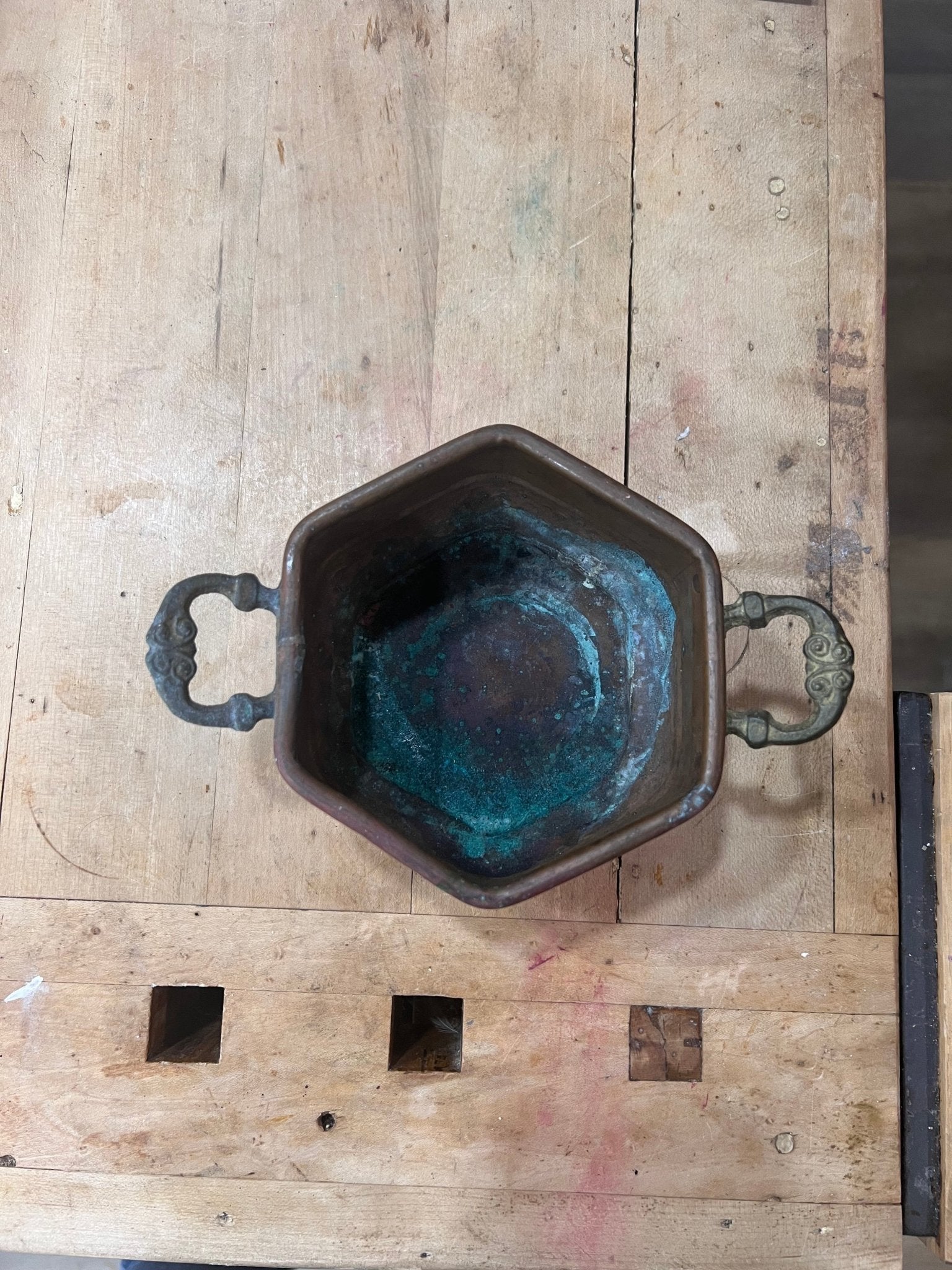 Small Copper Hexagonal Bowl with Handles 