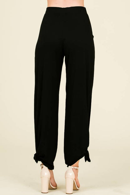 Solid Elastic Waist Side Slit Ankle Tie Pants: Black - The Mustard Seed Collection, The Seed
