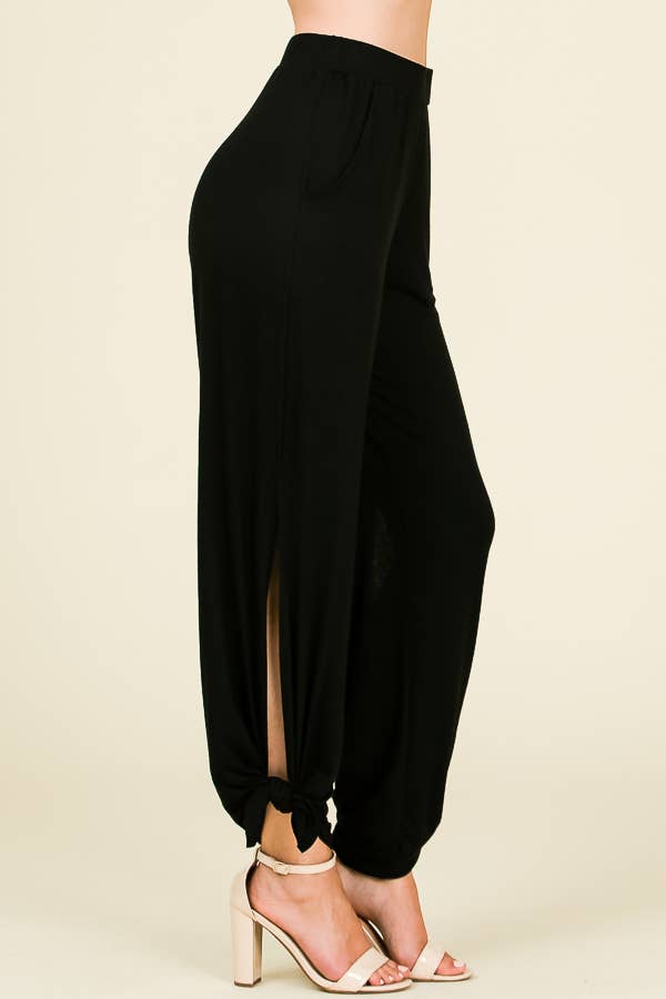 Solid Elastic Waist Side Slit Ankle Tie Pants: Black - The Mustard Seed Collection, The Seed