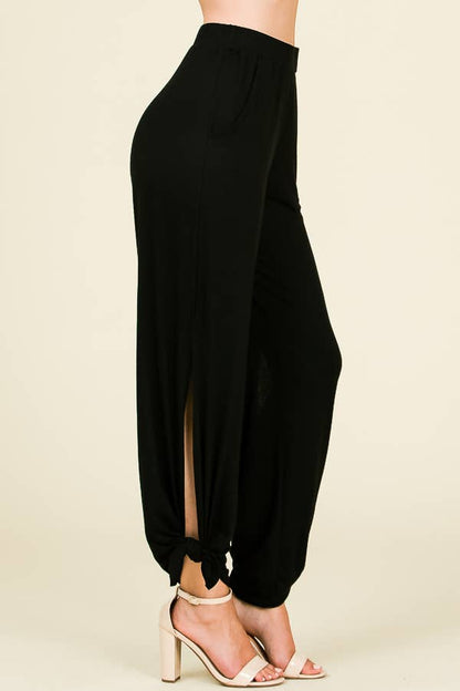 Solid Elastic Waist Side Slit Ankle Tie Pants: Black - The Mustard Seed Collection, The Seed