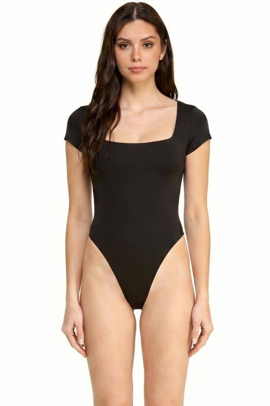 Square Neck Short Sleeve Bodysuit – Fitted Stretch Top: Black MIO WHOLESALE