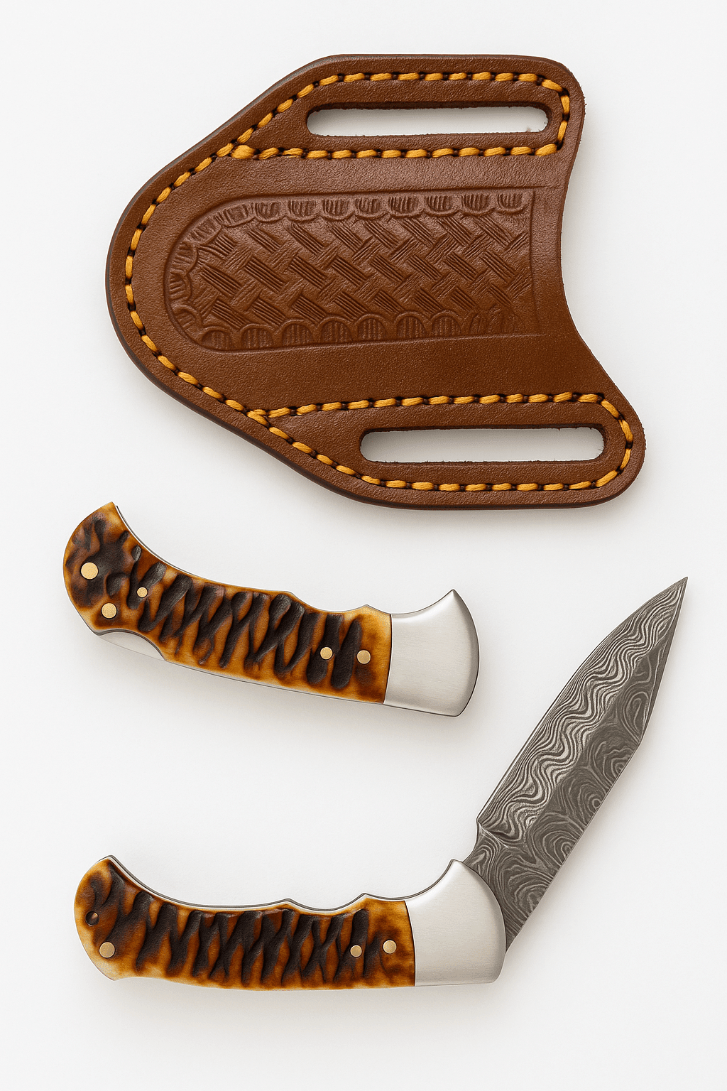 Stag Horn Style Damascus Folding Knife with Leather Sheath - The Mustard Seed Collection, The Seed