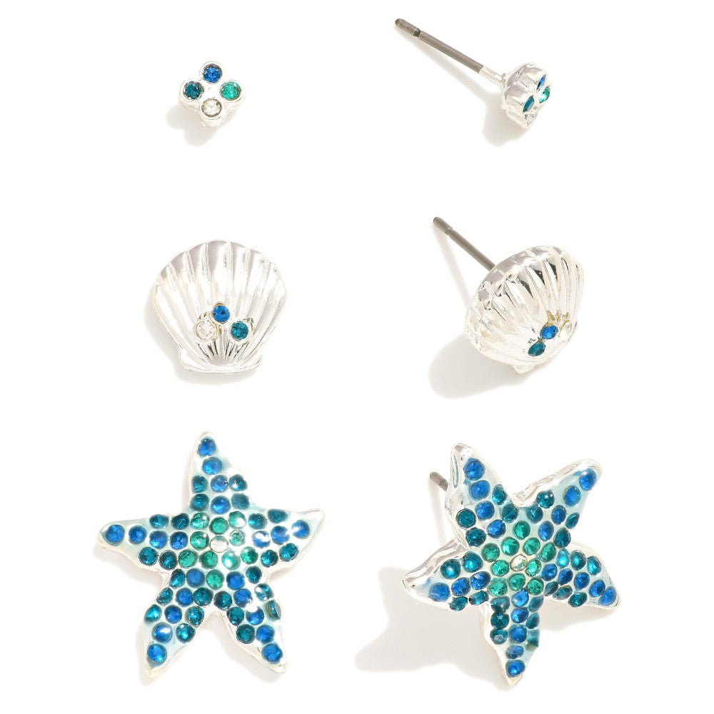 Stud & Sea Creature Drop Earrings Featuring Rhinestone Accents
