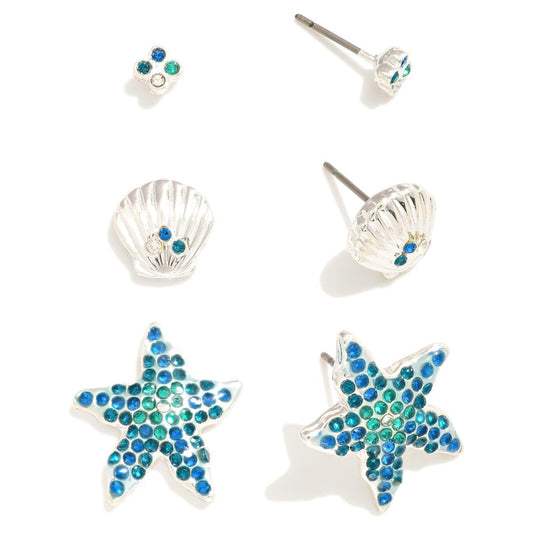 Stud & Sea Creature Drop Earrings Featuring Rhinestone Accents