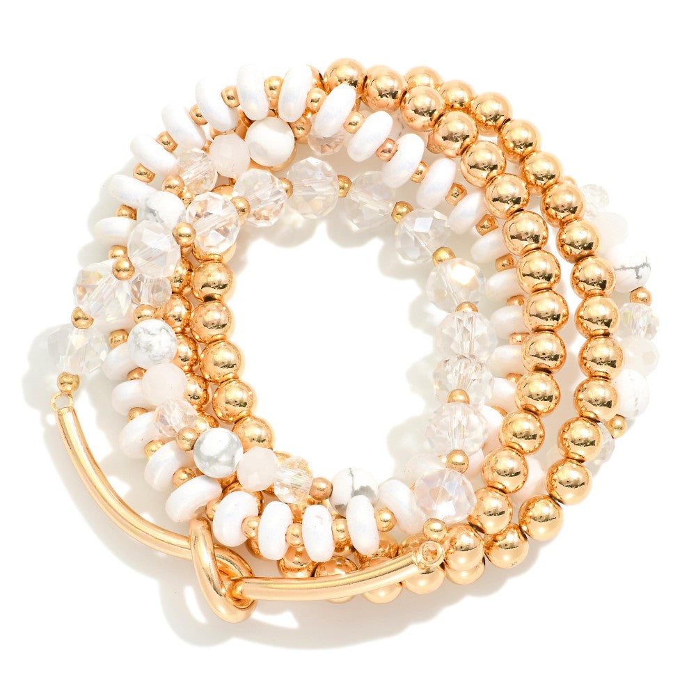 Set of Five Beaded Stretch Bracelets Featuring Glass Beads, Faceted Beads, and Gold Tone Noted Wire Tube Detail