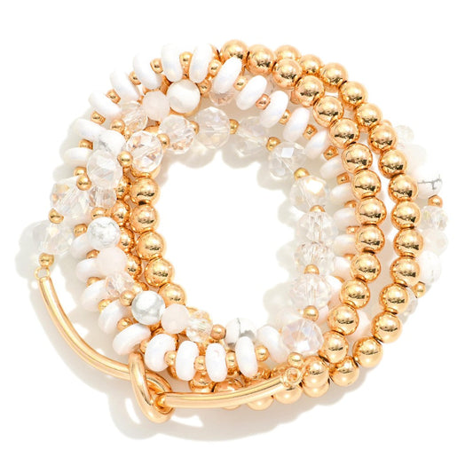 Set of Five Beaded Stretch Bracelets Featuring Glass Beads, Faceted Beads, and Gold Tone Noted Wire Tube Detail