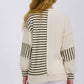 Stripe Cable Knit Patchwork Button Front Pullover Top Olive