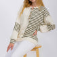 Stripe Cable Knit Patchwork Button Front Pullover Top Olive