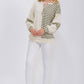 Stripe Cable Knit Patchwork Button Front Pullover Top Olive
