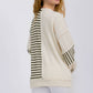 Stripe Cable Knit Patchwork Button Front Pullover Top Olive