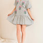 Striped Puff Sleeve Embroidered Dress