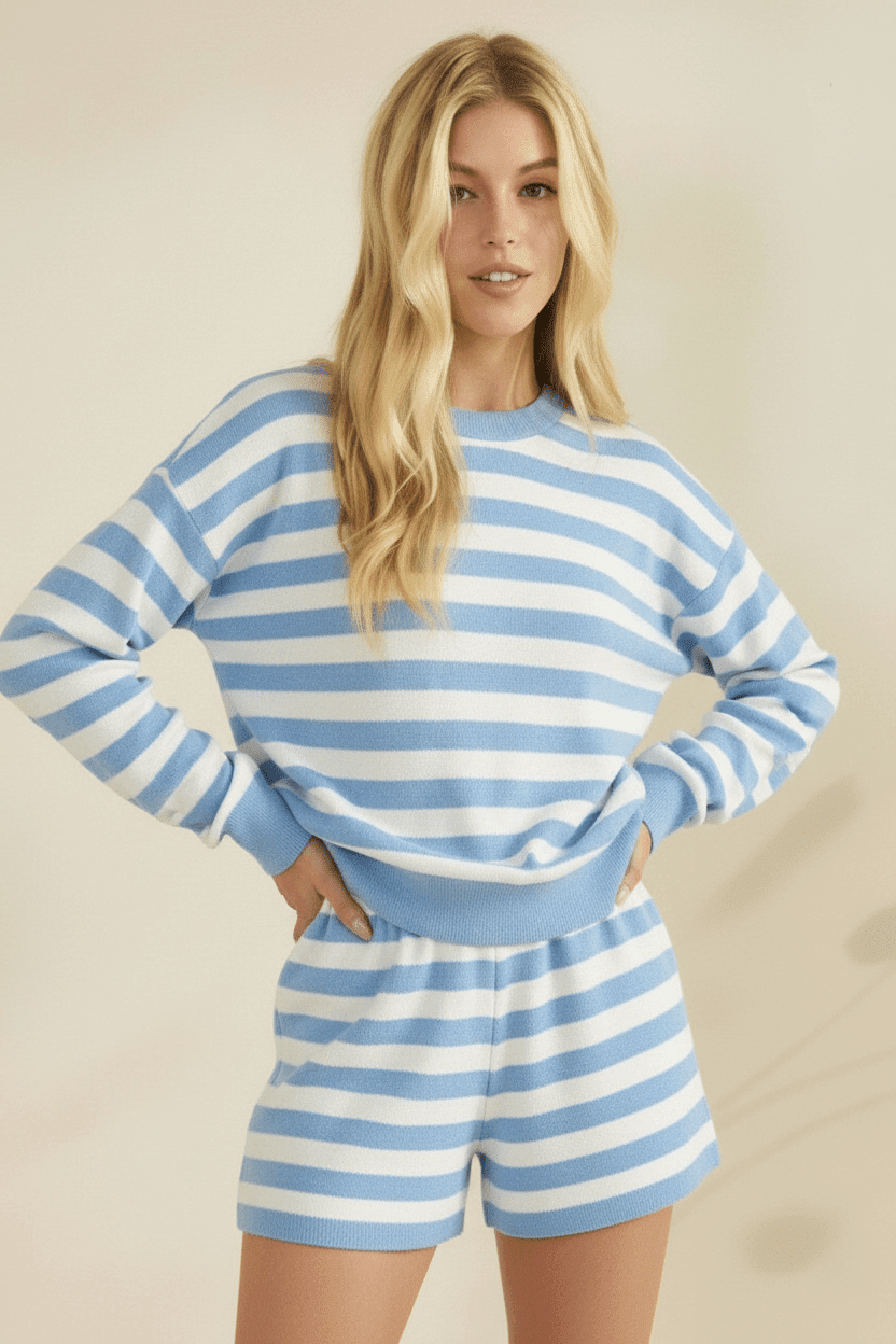 Sun-Kissed Striped Ribbed Knit Top and Shorts Lounge Set : Blue 