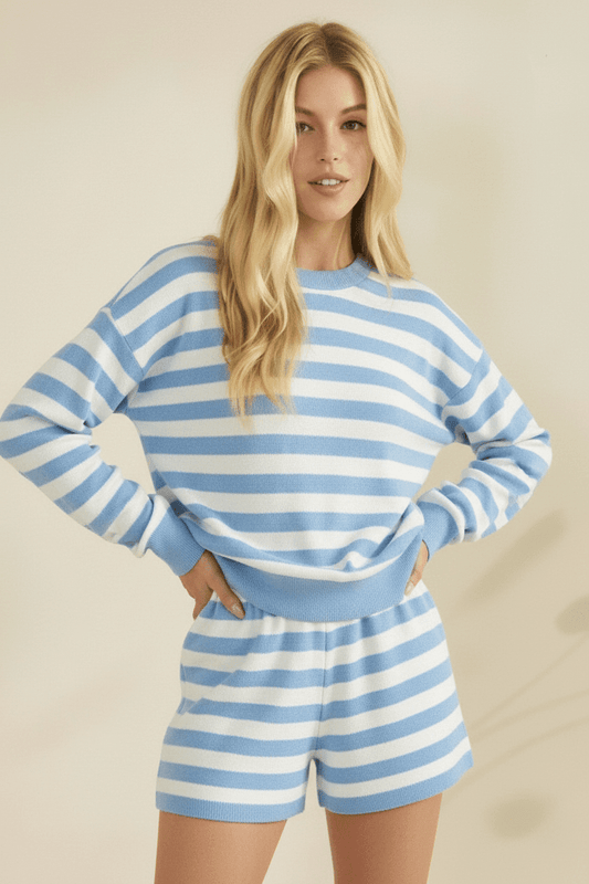 Sun-Kissed Striped Ribbed Knit Top and Shorts Lounge Set : Blue 