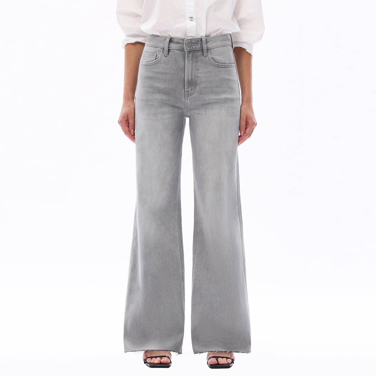 Super High Rise Wide Leg Frayed Hem Retro Jeans: STONE GRAY 