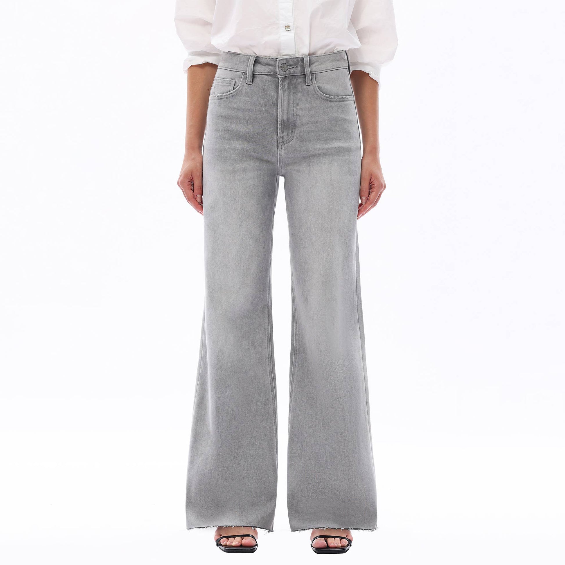 Super High Rise Wide Leg Frayed Hem Retro Jeans: STONE GRAY 