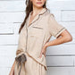 Taupe Leopard Print Piping Detailed Shirt and Shorts Pajama Set 
