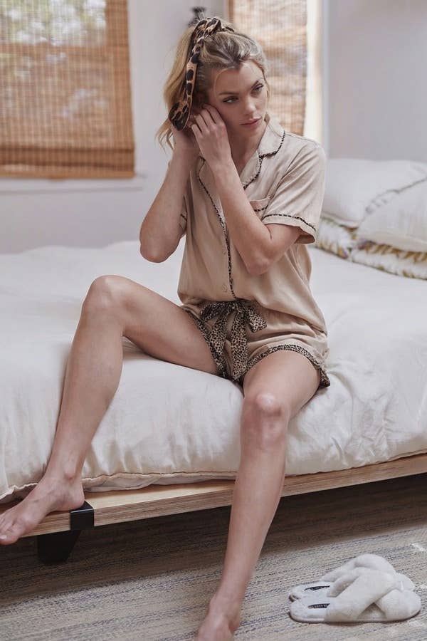 Taupe Leopard Print Piping Detailed Shirt and Shorts Pajama Set 