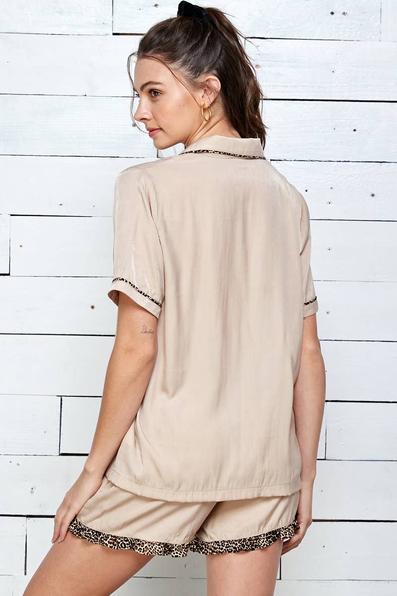 Taupe Leopard Print Piping Detailed Shirt and Shorts Pajama Set 