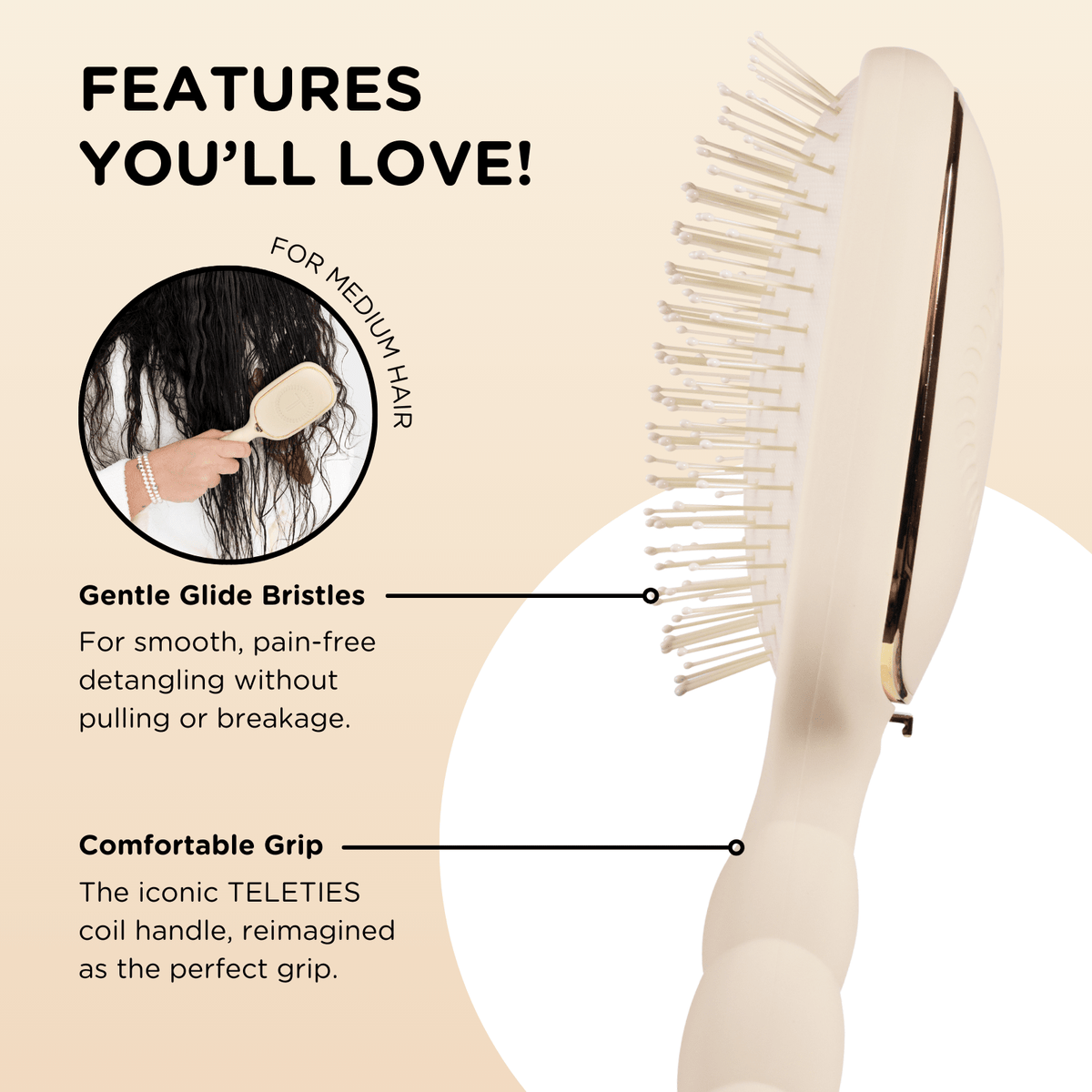 Teleties Detangler Hair Brush for Medium Hair - Tan