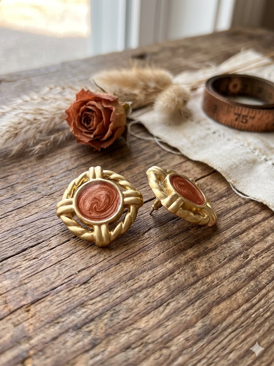 Vintage Retro Gold Rope Border Stud Earrings – 0.75" Swirled Terracotta Copper Enamel Post Earrings