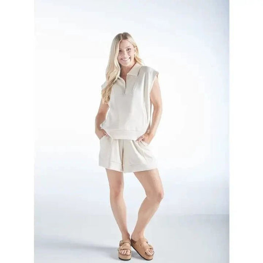 Tess Zip Up Short Sleeve Top Off White - The Mustard Seed Collection, The Seed